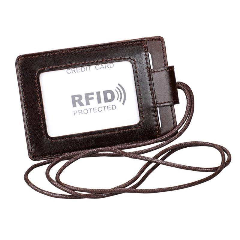 Genuine Leather Id Card Badge Holder with Lanyard RFID