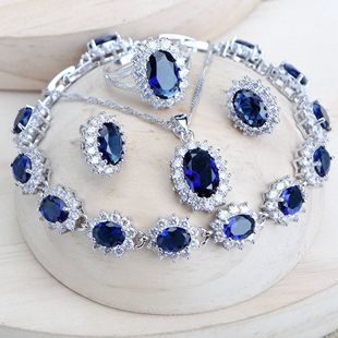 Silver 925 Women Bridal Jewelry Sets Blue Zirconia Costume F