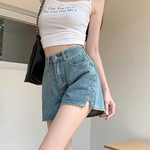 开叉牛仔短裤夏季女阔腿热裤
