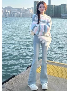 浅色加绒微喇牛仔裤女2026春秋新款小个子马蹄裤高腰显瘦喇叭裤子