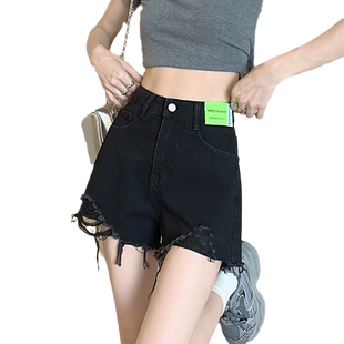 黑色破洞夏季薄款高腰a字牛仔短裤女大码胖mm宽松显瘦阔腿热裤子