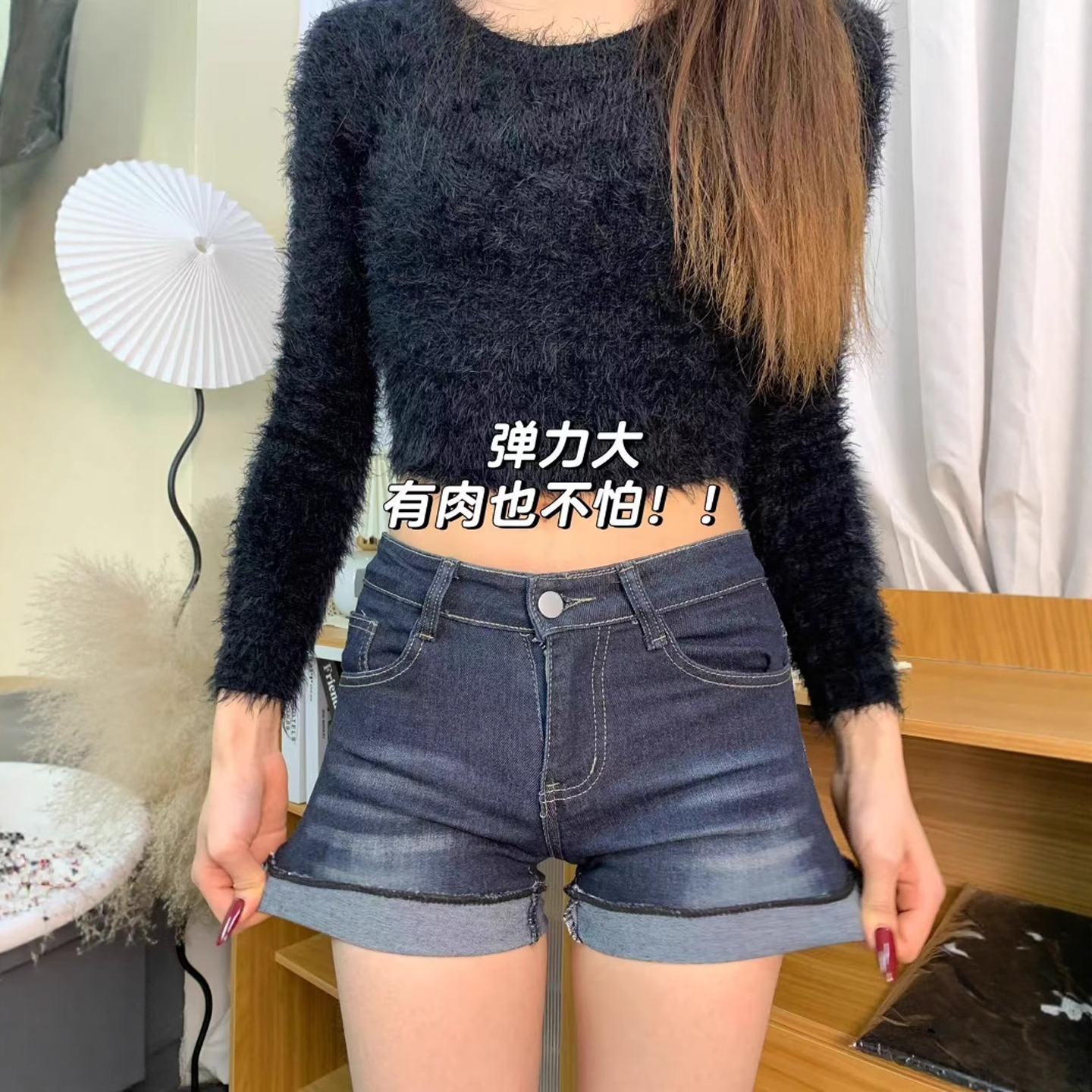 深蓝色牛仔短裤女夏季新款大码胖mm高腰修身显瘦卷边a字包臂热裤