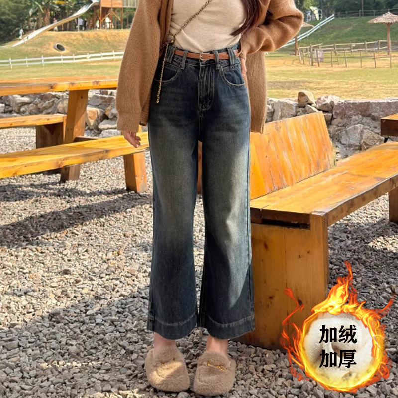 秋冬加绒直筒牛仔裤女