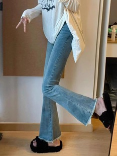 胖mm高腰顯瘦小個子顯高喇叭褲 子潮 女春秋大碼 淺色毛邊微喇牛仔褲