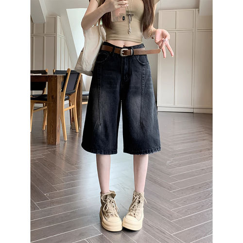 夏季黑灰色阔腿直筒七分牛仔裤女
