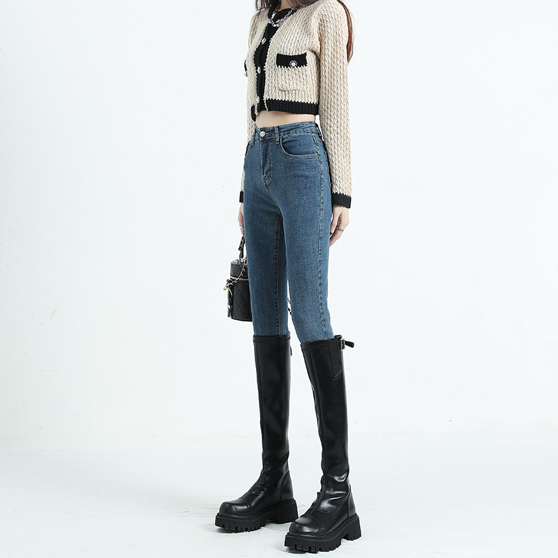 深蓝色牛仔裤女高腰2024年新款春秋大码弹力显瘦小脚紧身铅笔长裤