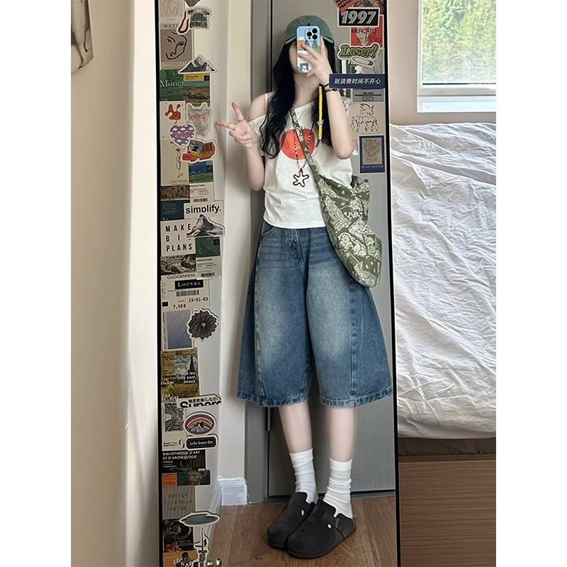 大码复古蓝直筒牛仔中裤女夏季薄款高腰胖mm显瘦阔腿五分牛仔裤子