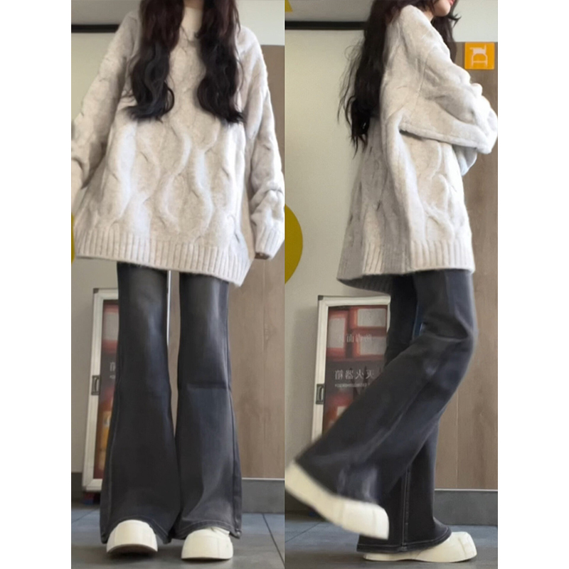 黑灰色微喇牛仔裤女小个子阔腿裤