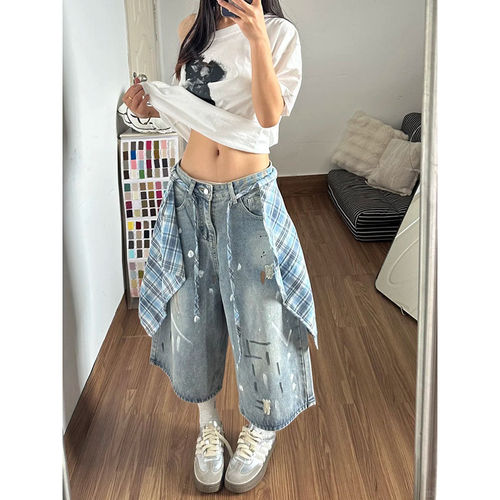 夏季泼墨设计阔腿直筒七分中裤女