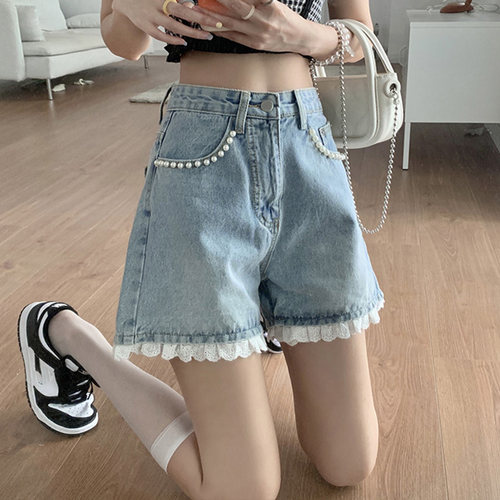 小众蕾丝花边高腰牛仔短裤女夏季