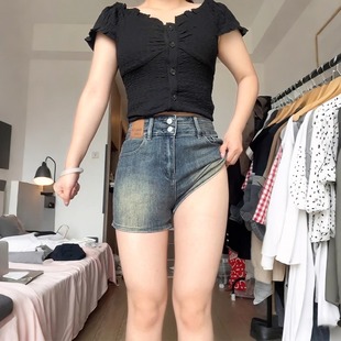胖mm高腰显瘦梨形身材a字包臂热裤 复古蓝牛仔短裤 大码 女夏季 新款