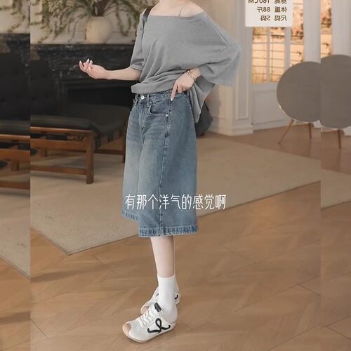 夏季薄款阔腿直筒五分牛仔中裤女