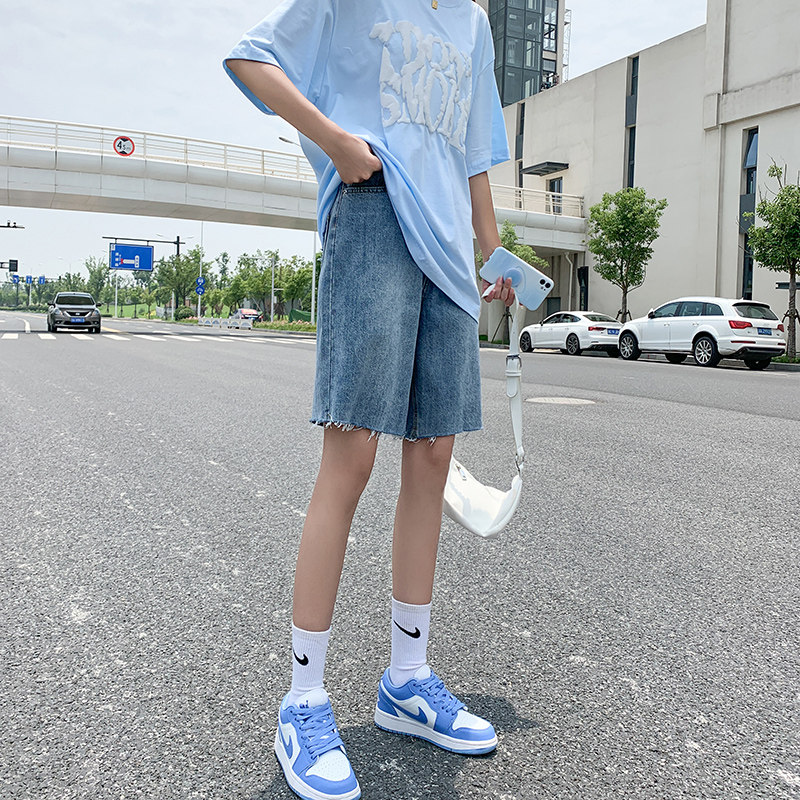 辣妹五分牛仔短裤女夏季高腰宽松直筒大码显瘦阔腿5分中裤子ins潮