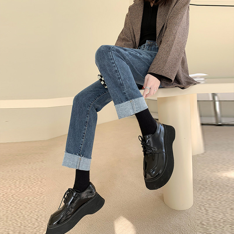 卷边直筒牛仔裤女大码胖MM烟管裤