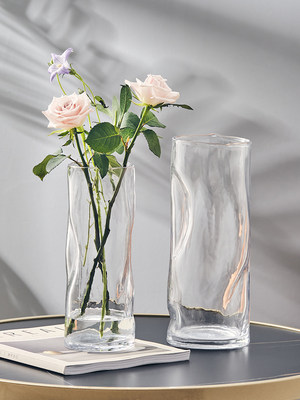 创意艺术玻璃花瓶摆件客厅鲜花玫瑰百合插花器样板间酒店褶皱直筒