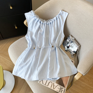 背心上衣小衫 设计感两面穿麻花编织领衬衫 穿珠抽绳无袖 新款 女夏季