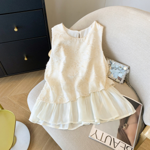 设计感荷叶边坎肩遮肚衬衫 法式 新款 上衣女夏季 假两件拼接镂空无袖