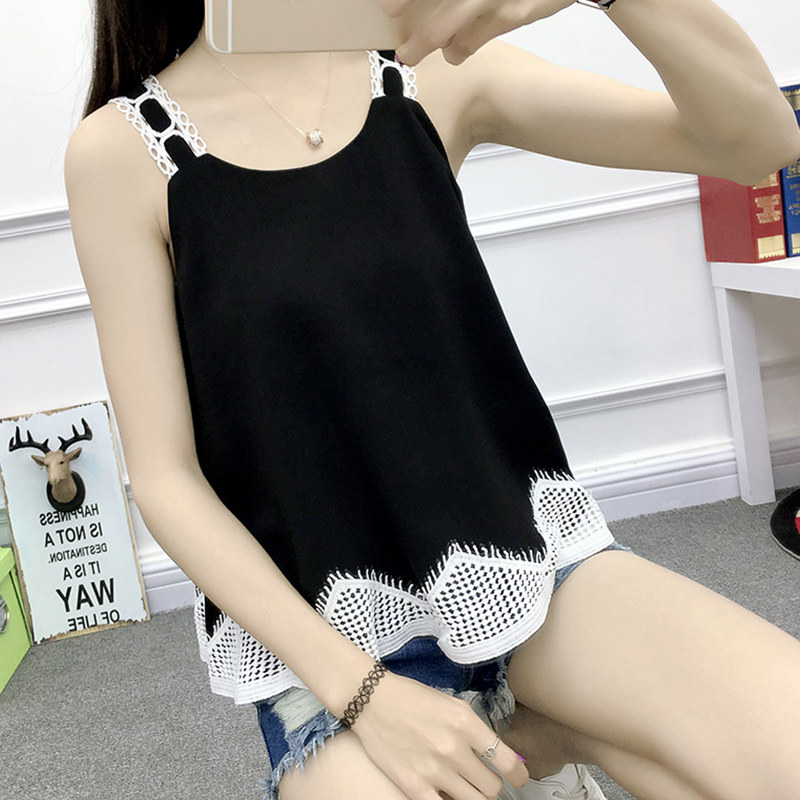 蕾丝拼接雪纺吊带背心女2026夏季宽松无袖露肩外穿内搭遮肚上衣潮
