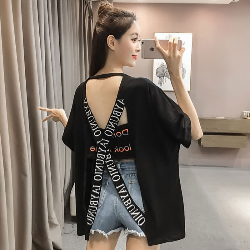 小心机后背镂空露背t恤女2026夏装新款宽松遮肚显瘦短袖印花上衣
