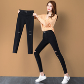 高腰紧身魔术黑色九分铅笔小脚裤 破洞打底裤 女外穿春秋2025新款