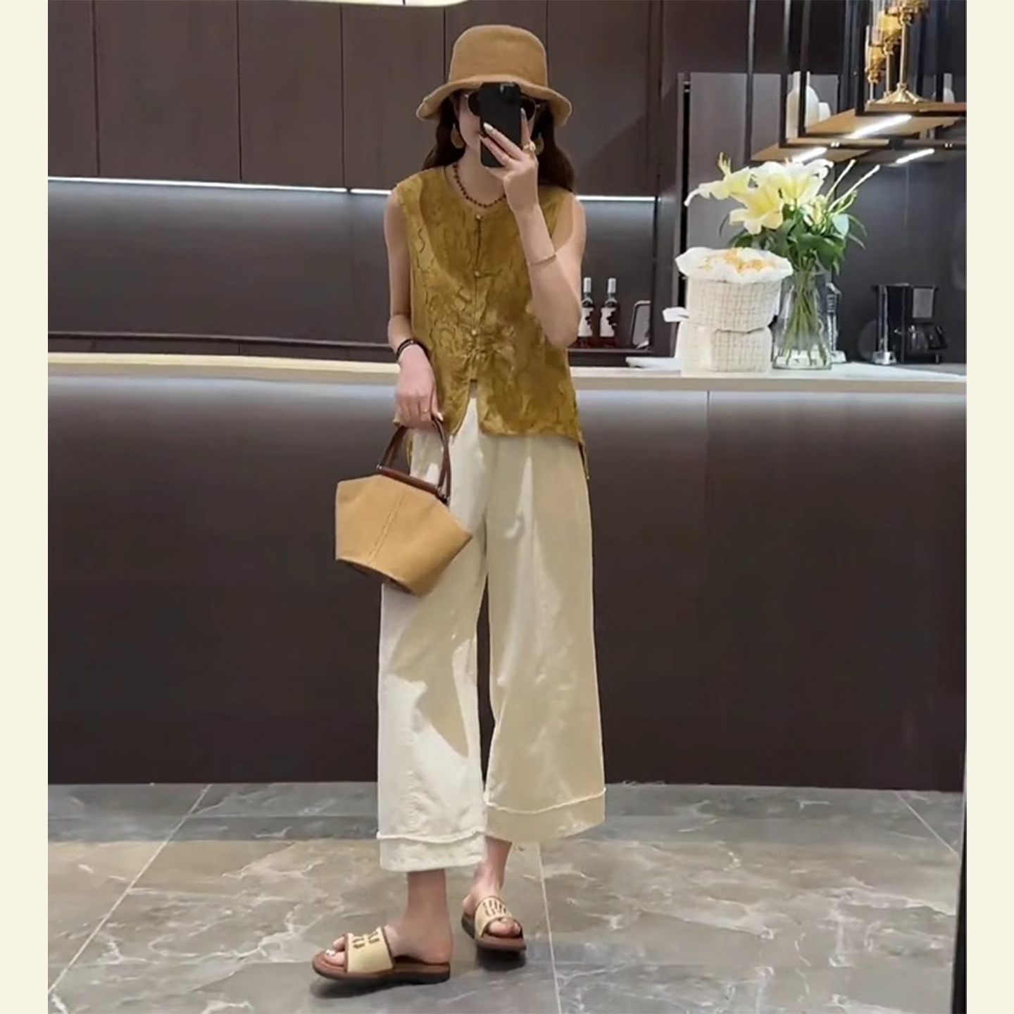 RIERA套装女夏季薄款2025新款小个子无袖黄色衬衫九分休闲裤时尚