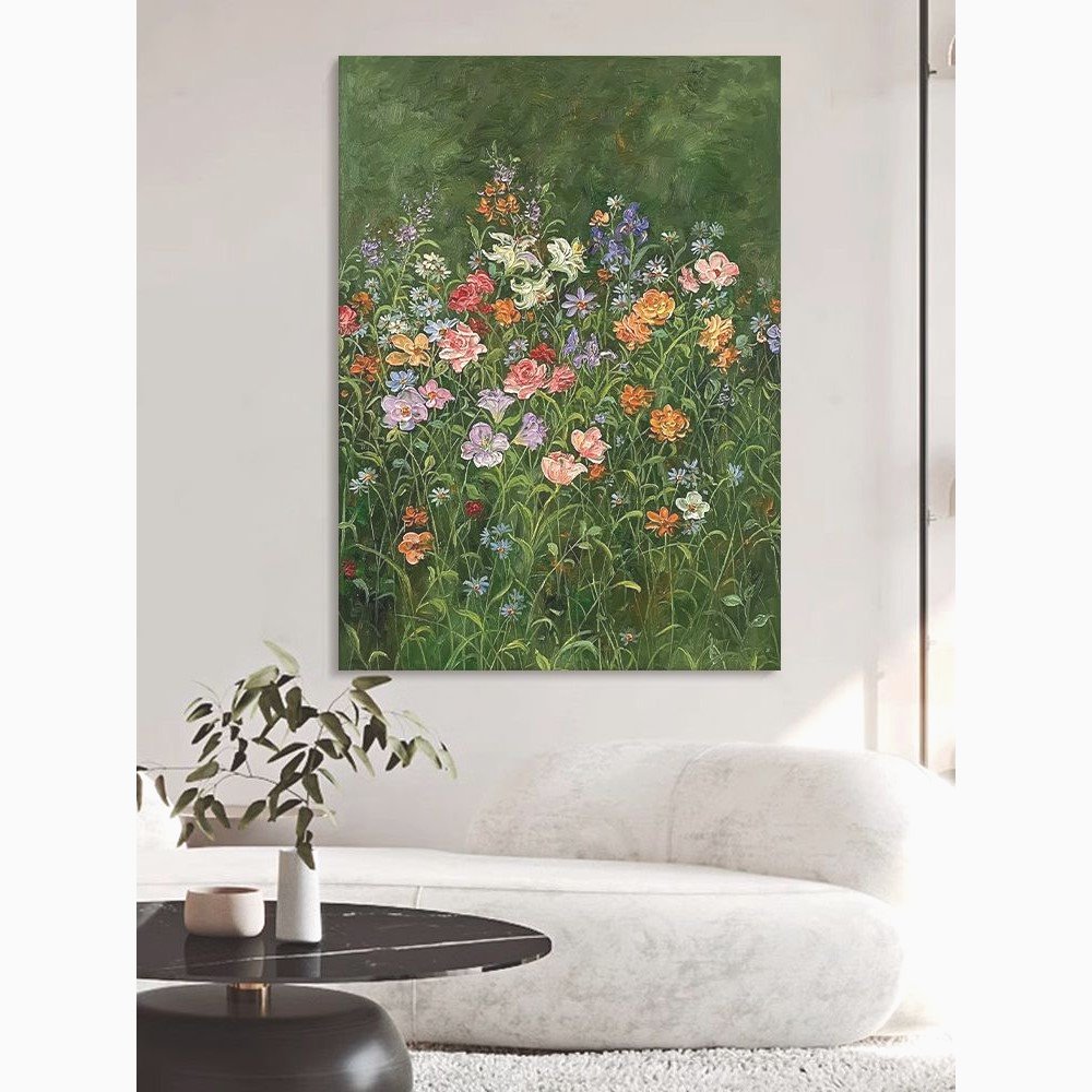 法式艺术绿色复古纯手绘油画植物花卉客厅餐厅装饰品玄关丙烯挂画图片