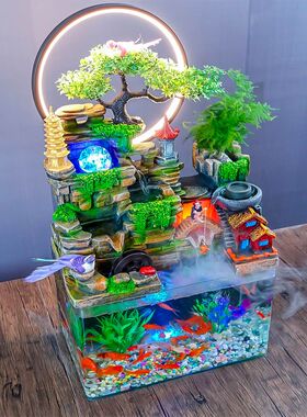 玻璃大鱼缸假山流水喷泉摆件送水草真植物客厅店铺开业养鱼风水轮