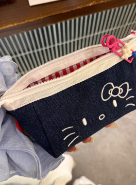 复古牛仔蓝色小猫笔袋高颜值文具盒大容量女孩款文具袋小众不撞款