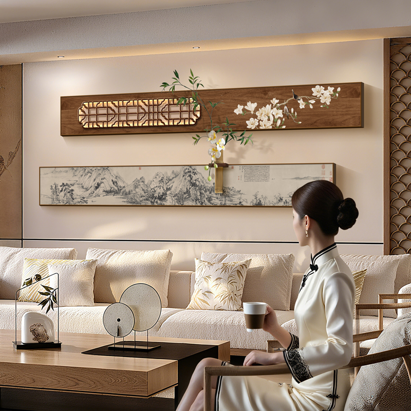 中式客厅装饰画立体氛围灯画沙发背景墙水培绿植组合茶室书房挂画图片