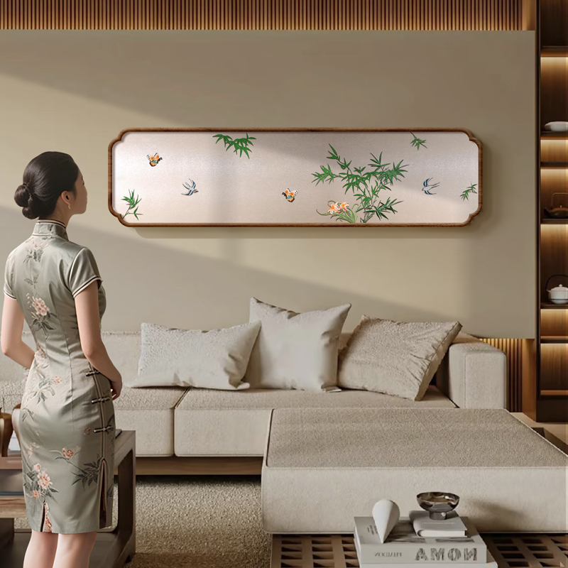 中式老钱风客厅装饰画立体刺绣沙发背景墙实木花鸟挂画2025新款图片