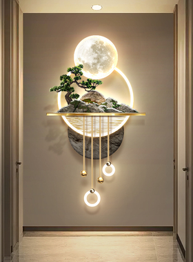 3d立体浮雕玄关装饰画流水生财走廊尽头迎客松山水挂画led壁画灯