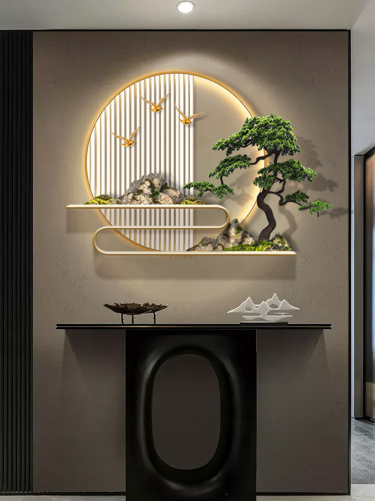 3D立体浮雕入户玄关装饰画led迎客松新中式壁画寓意好的发光挂画