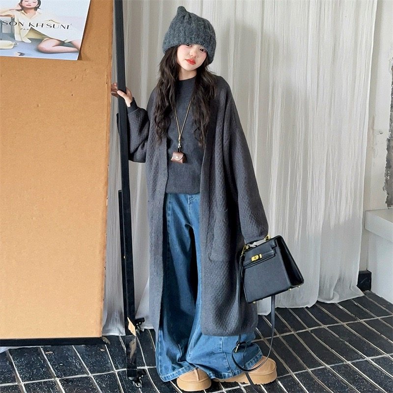 中大女童秋冬季毛衣套装2025新款洋气慵懒风加长款毛衣开衫外套