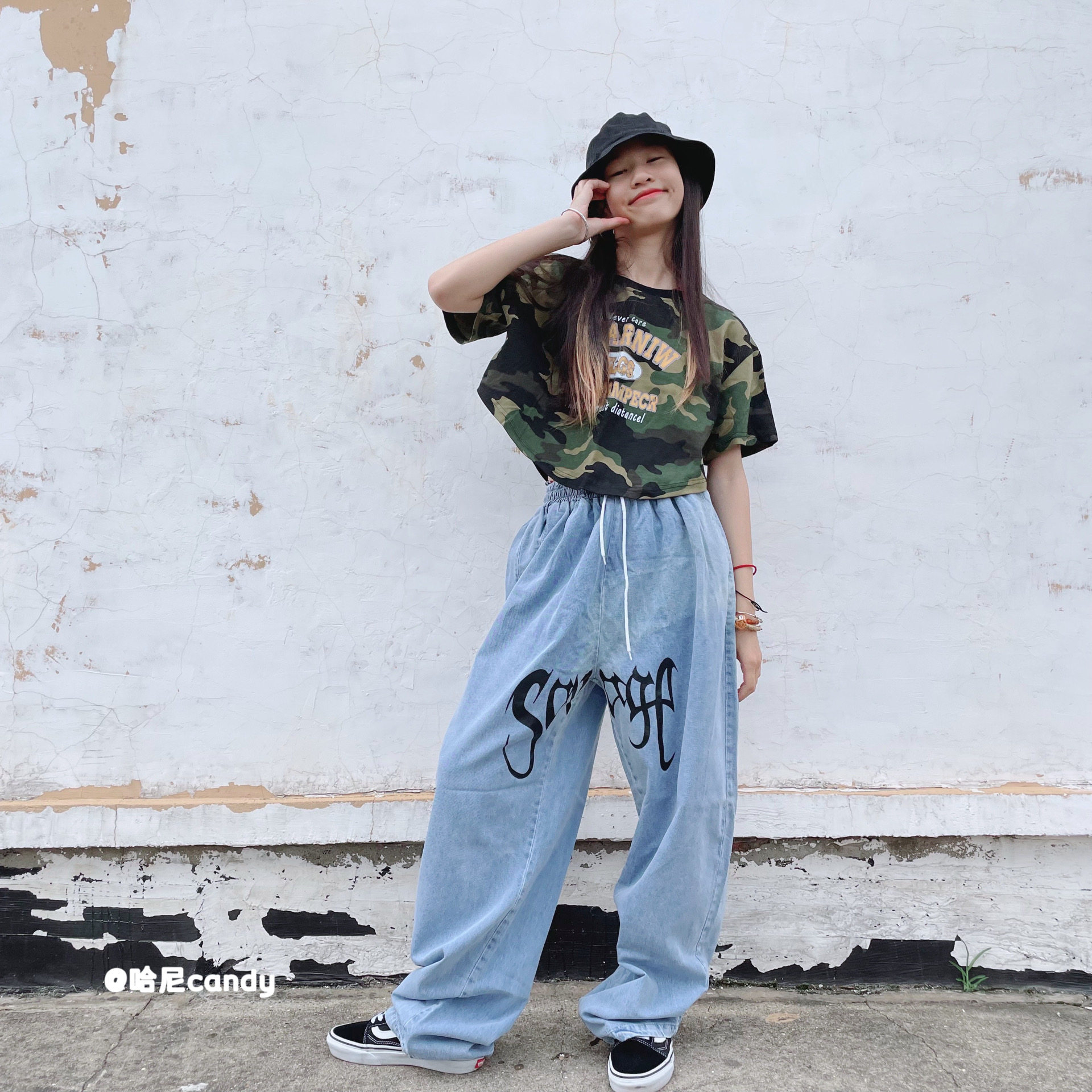 儿童中大童女童韩版嘻哈街舞高腰短款迷彩短袖上衣T演出服新品