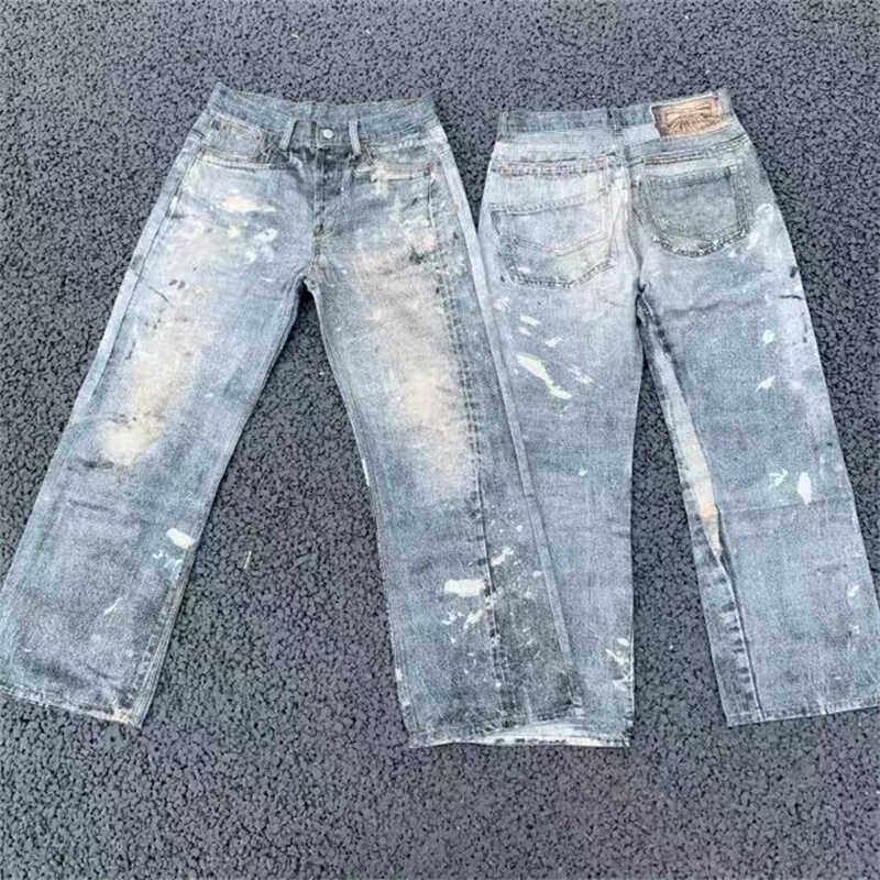 AC风格联名限定泼墨3D数码印刷做旧牛仔裤宽松直筒堆积休闲长裤 - 实物图