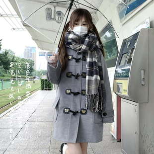 墨秋jk熊仔呢子中长款 大衣日系学院风牛角扣小个子毛呢外套女新款