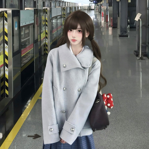 墨秋JK制服浅灰毛呢大衣女款