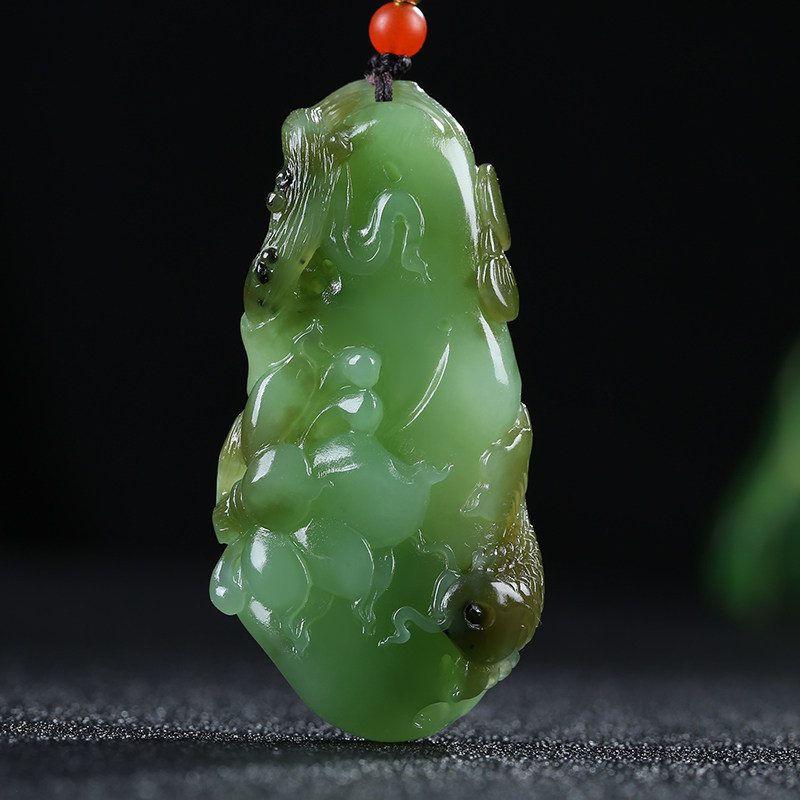 【连年有余】俄罗斯老坑碧玉粉绿吊坠玉坠莲花鱼挂件玉佩天然玉石