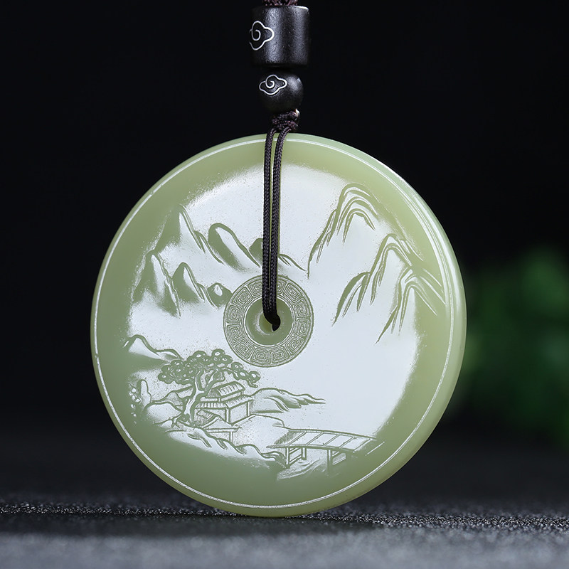 【山河秀色】新疆和田玉挂件黄玉青黄山水圆牌吊坠天然玉石玉坠
