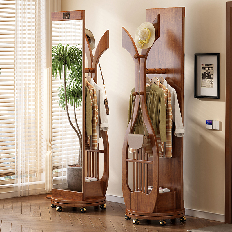 实木家用可移动衣帽架穿衣镜一体