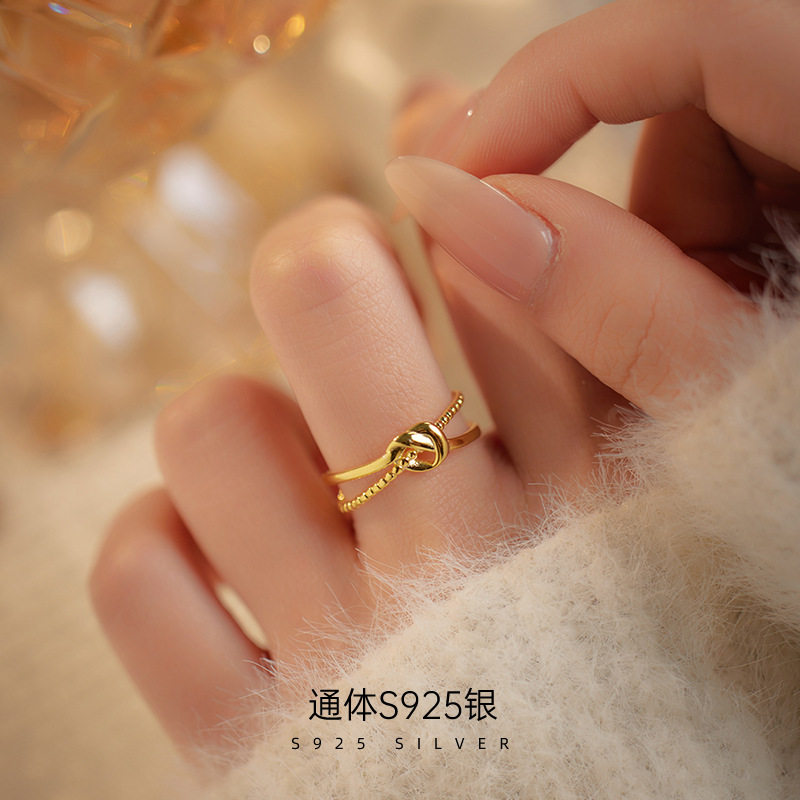 S925纯银交叉线条双层戒指女博主同款时尚个性打结镂空指戒高级感