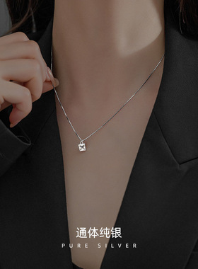 AILJ简约单钻项链女S925纯银轻奢小众方形锁骨链ins冷淡风配饰品