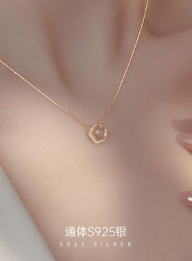 925纯银粉水晶樱花吊坠项链日韩时尚甜美网红锁骨链小众女生颈链