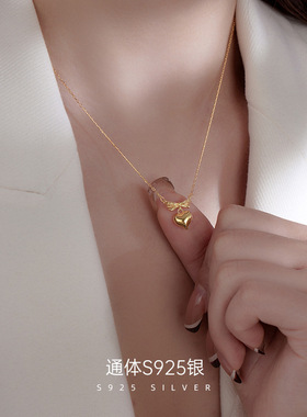 S925纯银在逃公主蝴蝶结爱心项链女精致甜美高级感ins心形锁骨链