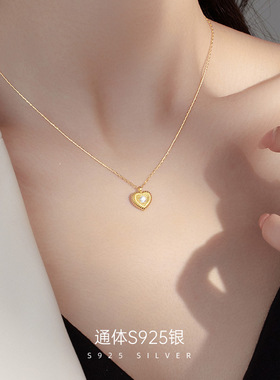 925纯银爱心项链女法式设计感彩色锆石桃心锁骨链中古风跨境爆款