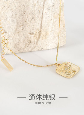 韩版S925纯银项链INS个性玫瑰花几何正方形吊牌女项链百搭银链饰