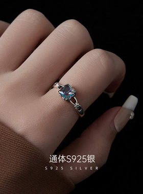 AILJS925银炫彩宝石戒指女复古ins冷淡风高级感开口锆石食指戒潮