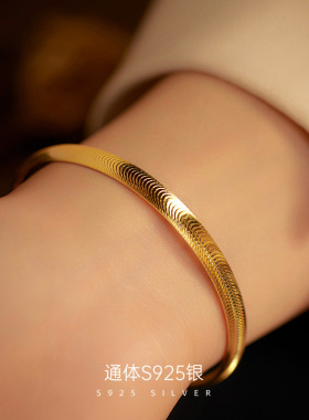 925纯银猫眼条纹手环女高级感素圈拉丝爆闪开口手镯ins简约配饰品