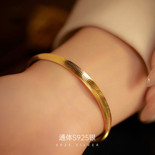 925纯银猫眼条纹手环女高级感素圈拉丝爆闪开口手镯ins简约配饰品