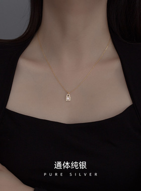 AILJ韩版S925纯银个性镶钻锁头吊坠锁骨项链链饰学生女银饰品